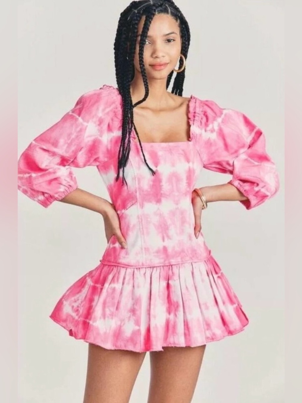 LoveShackFancy Chai Pink Tie-Dye Square Neck Mini Dress